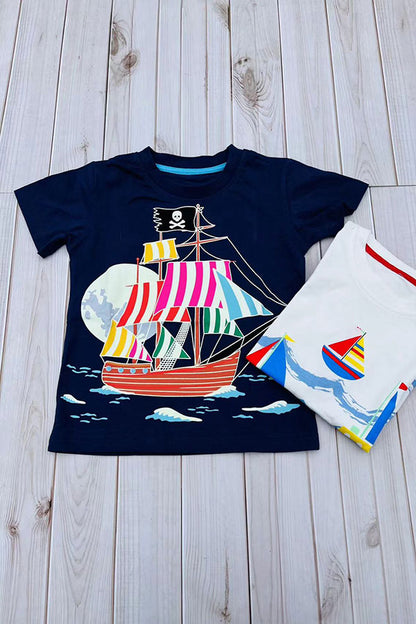 Cartoon pirate sailing printed navy blue short sleeve boy t-shirt 2601026M