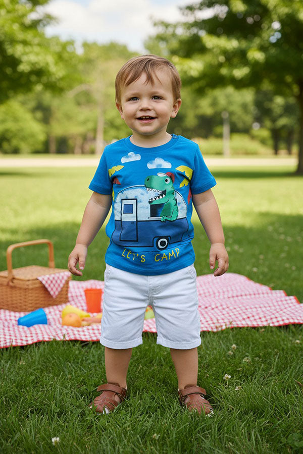 Fun camping & dinosaur short sleeves blue boy's t-shirt 2601027M