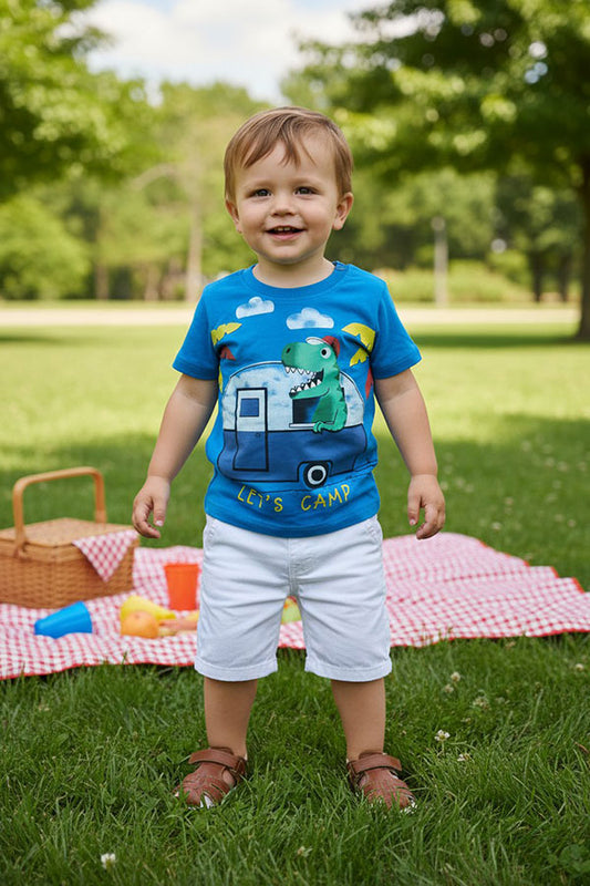 Fun camping & dinosaur short sleeves blue boy's t-shirt 2601027M