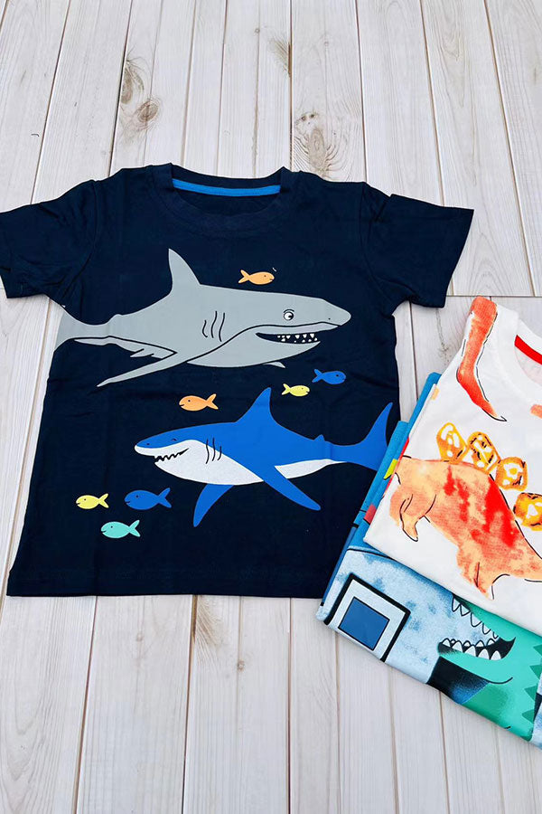 Shark printed black short sleeve boy's top 2601028M