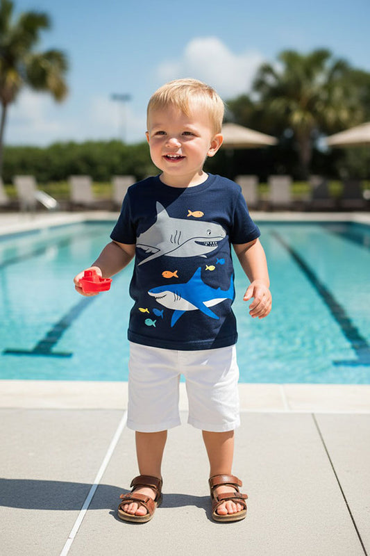 Shark printed black short sleeve boy's top 2601028M