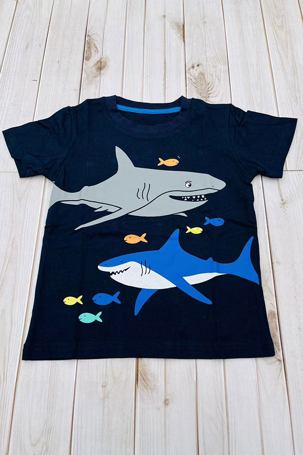 Shark printed black short sleeve boy's top 2601028M
