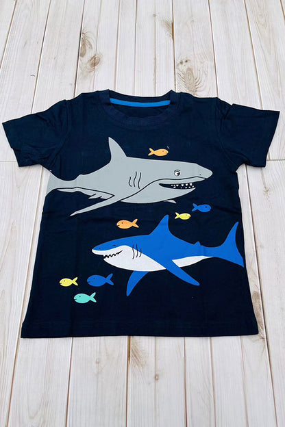 Shark printed black short sleeve boy's top 2601028M