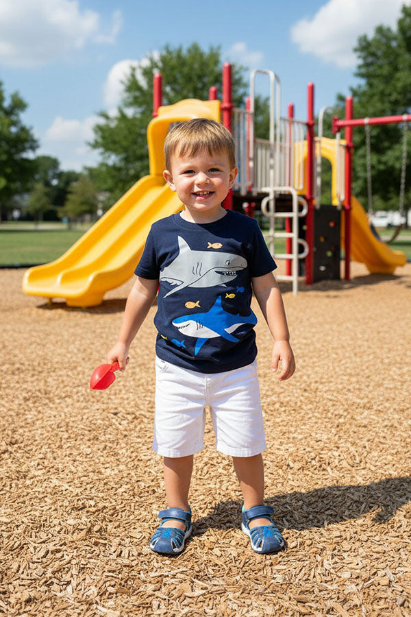 Shark printed black short sleeve boy's top 2601028M