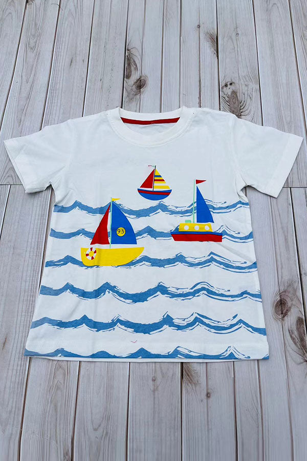 Sailboats & blue ocean waves print white short sleeve boy t-shirt 2601029M
