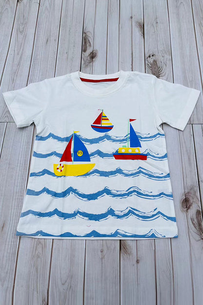 Sailboats & blue ocean waves print white short sleeve boy t-shirt 2601029M