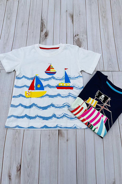 Sailboats & blue ocean waves print white short sleeve boy t-shirt 2601029M