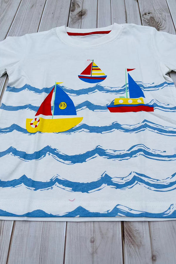 Sailboats & blue ocean waves print white short sleeve boy t-shirt 2601029M