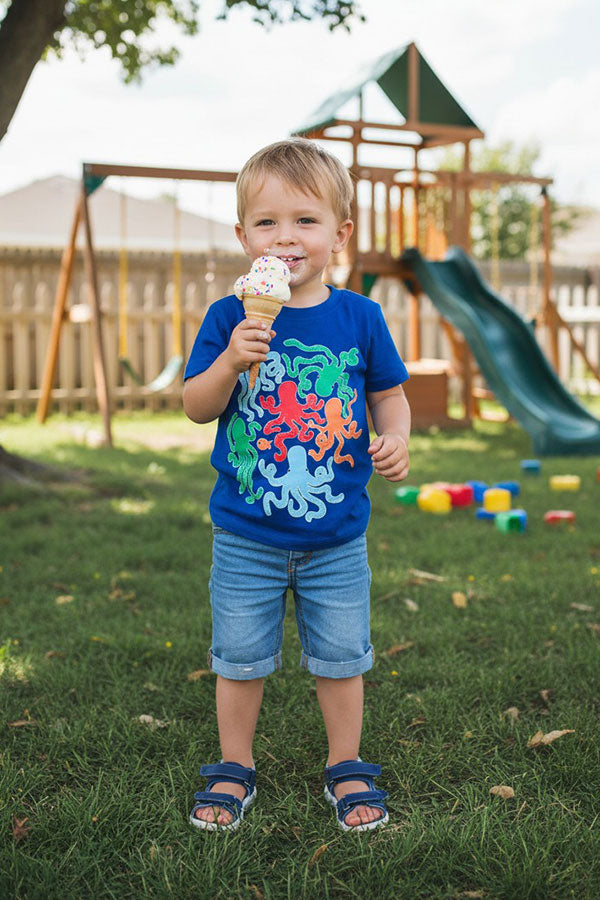 Glow in the dark octopus printed blue short sleeve boy t-shirt 2601030M