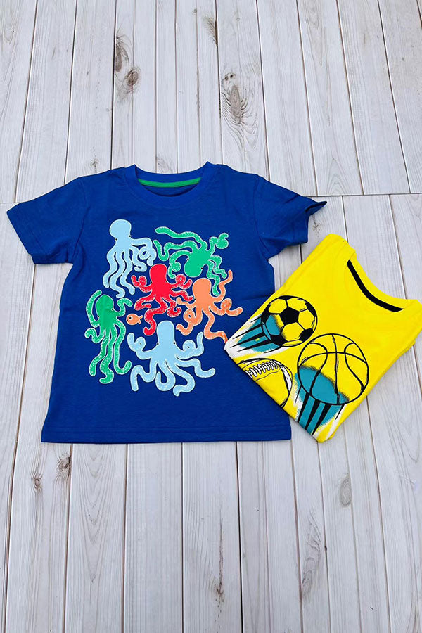 Glow in the dark octopus printed blue short sleeve boy t-shirt 2601030M