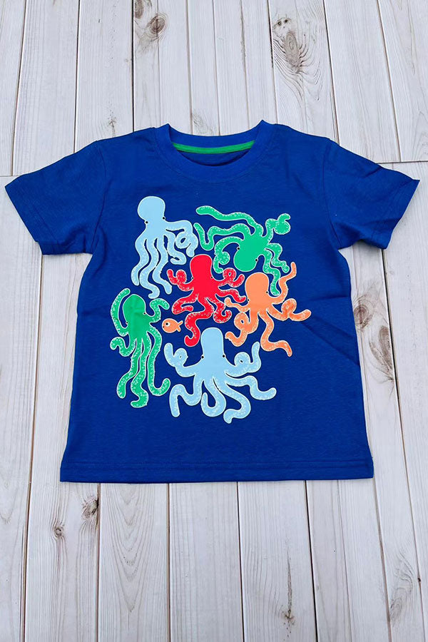 Glow in the dark octopus printed blue short sleeve boy t-shirt 2601030M