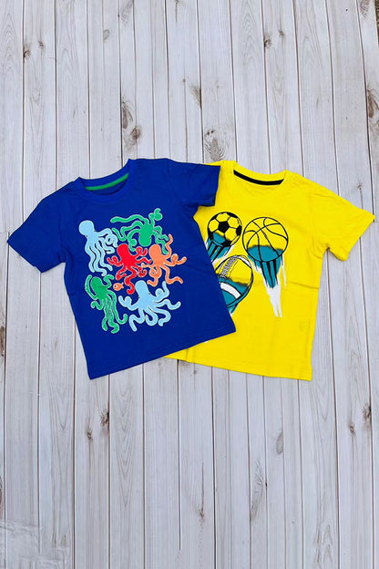 Glow in the dark octopus printed blue short sleeve boy t-shirt 2601030M