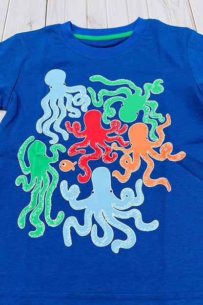 Glow in the dark octopus printed blue short sleeve boy t-shirt 2601030M