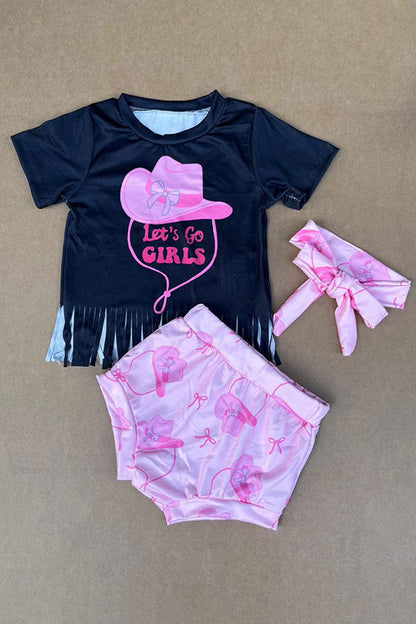 LET'S GO GIRLS Black top & pink shorts 3pc baby set/headband 2601057M