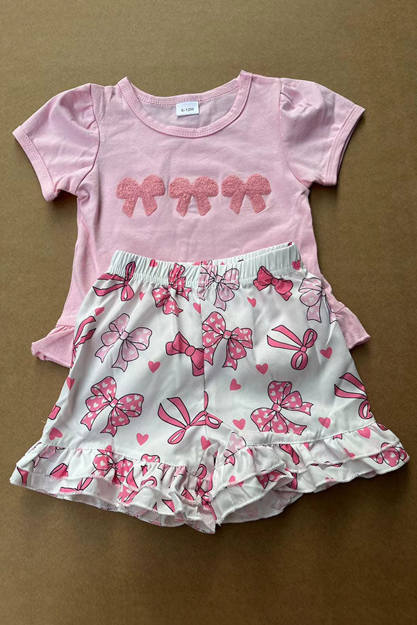 Cute pink bow patch short sleeve top & shorts 2pc girls set 2601058M