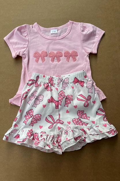 Cute pink bow patch short sleeve top & shorts 2pc girls set 2601058M