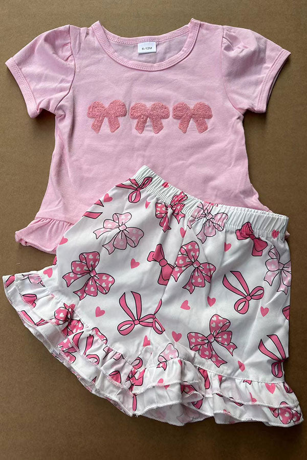 Cute pink bow patch short sleeve top & shorts 2pc girls set 2601058M