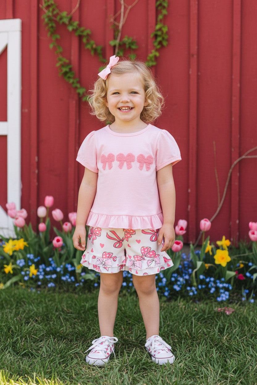 Cute pink bow patch short sleeve top & shorts 2pc girls set 2601058M