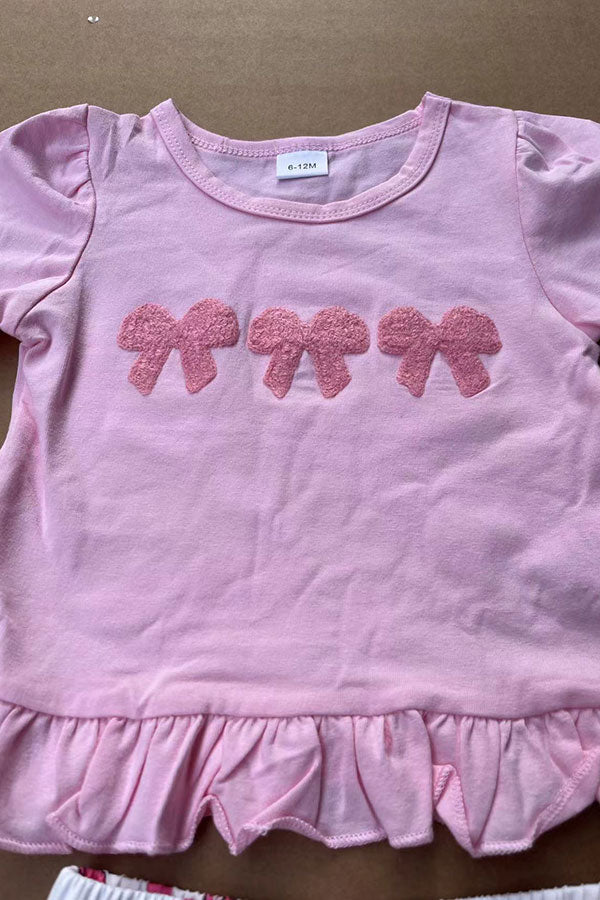 Cute pink bow patch short sleeve top & shorts 2pc girls set 2601058M