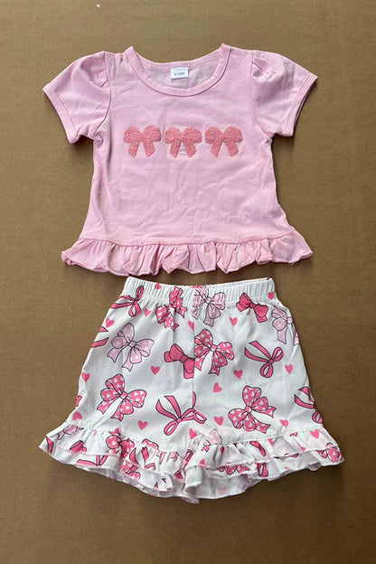 Cute pink bow patch short sleeve top & shorts 2pc girls set 2601058M