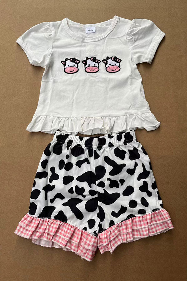 Cow patch white short sleeve top & cow shorts 2pc girls set 2601059M