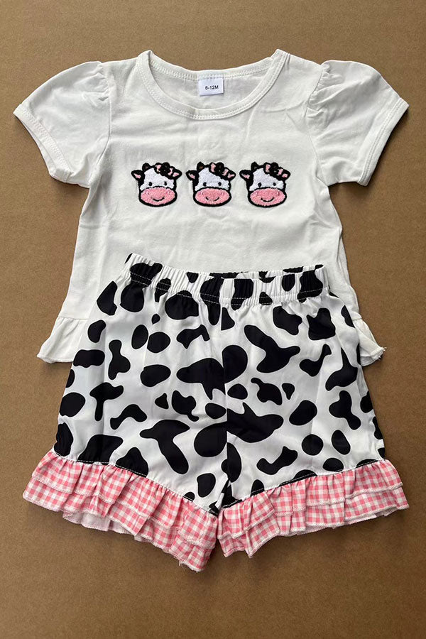 Cow patch white short sleeve top & cow shorts 2pc girls set 2601059M