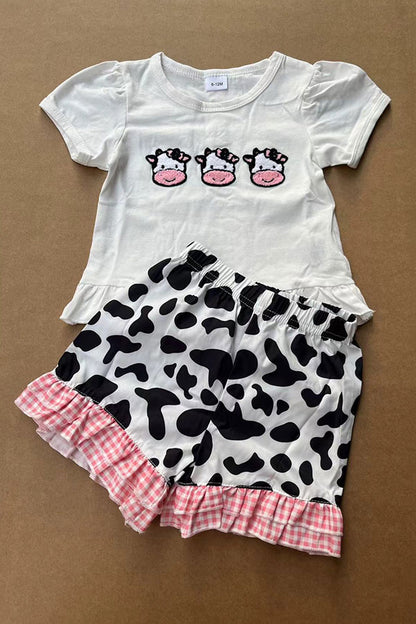 Cow patch white short sleeve top & cow shorts 2pc girls set 2601059M
