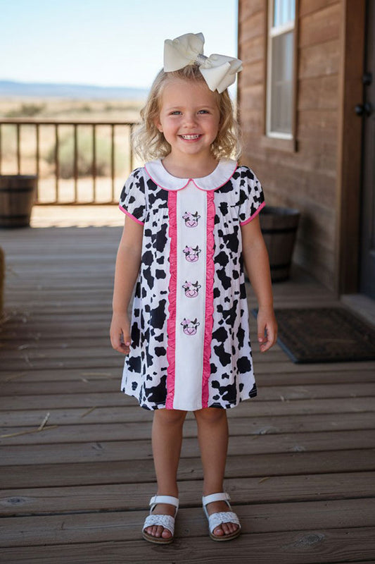 Western ranch girl cow embroidery short sleeve girls boutique dress 2601060M