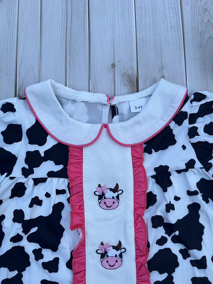 Western ranch girl cow embroidery short sleeve girls boutique dress 2601060M