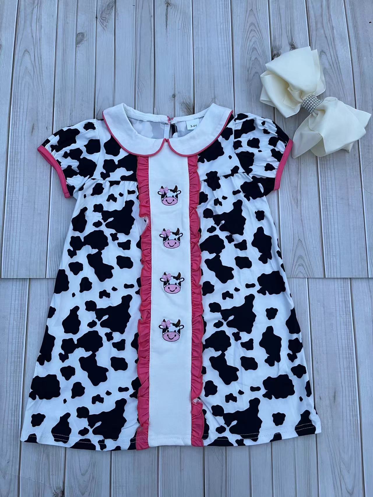 Western ranch girl cow embroidery short sleeve girls boutique dress 2601060M