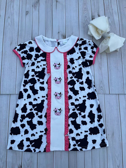 Western ranch girl cow embroidery short sleeve girls boutique dress 2601060M