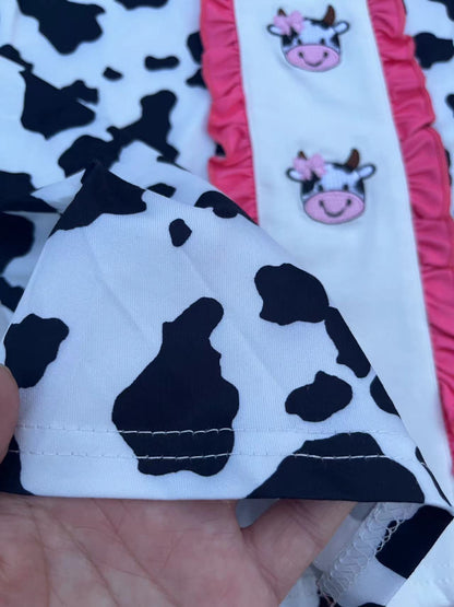 Western ranch girl cow embroidery short sleeve girls boutique dress 2601060M