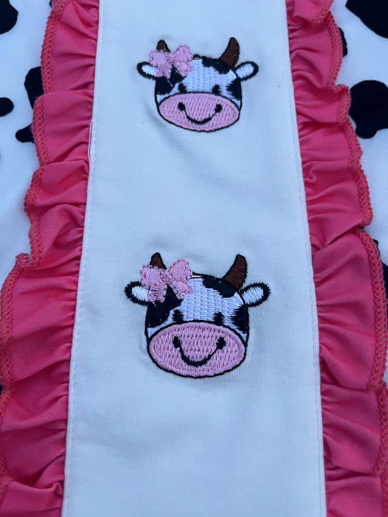 Western ranch girl cow embroidery short sleeve girls boutique dress 2601060M