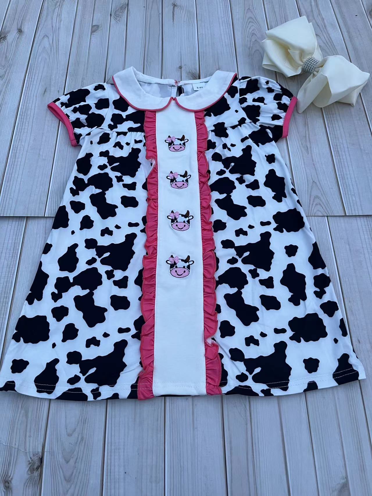 Western ranch girl cow embroidery short sleeve girls boutique dress 2601060M