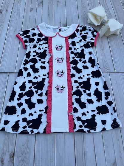 Western ranch girl cow embroidery short sleeve girls boutique dress 2601060M