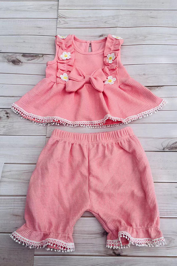 Western chic pink waffle ruffled top & shorts 2pc girls boutique set 2601061M