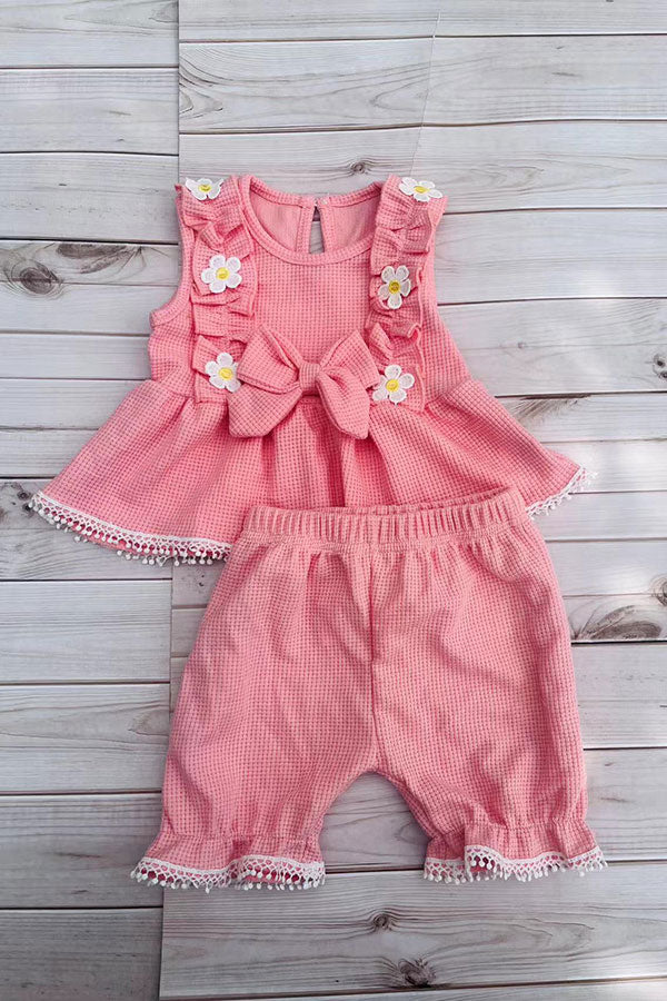 Western chic pink waffle ruffled top & shorts 2pc girls boutique set 2601061M