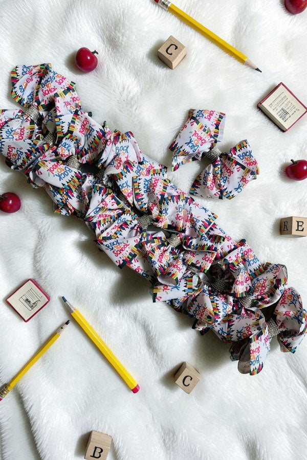 Chic double layer rehinestone 7.5" back to school  print boutique girls hairbow $12 for 12pc