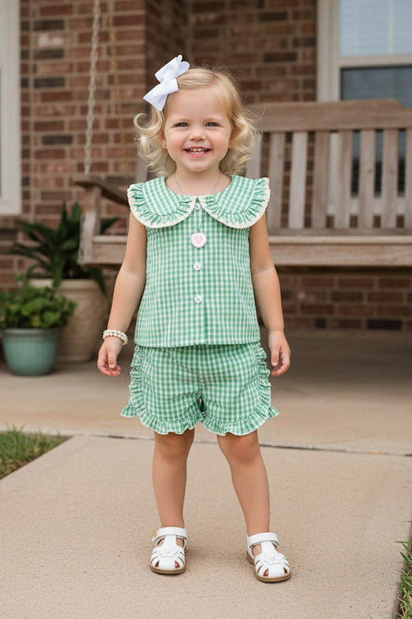 Chic green plaid top & ruffle shorts girls boutique set 2601068M