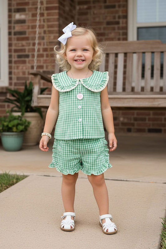 Chic green plaid top & ruffle shorts girls boutique set 2601067M