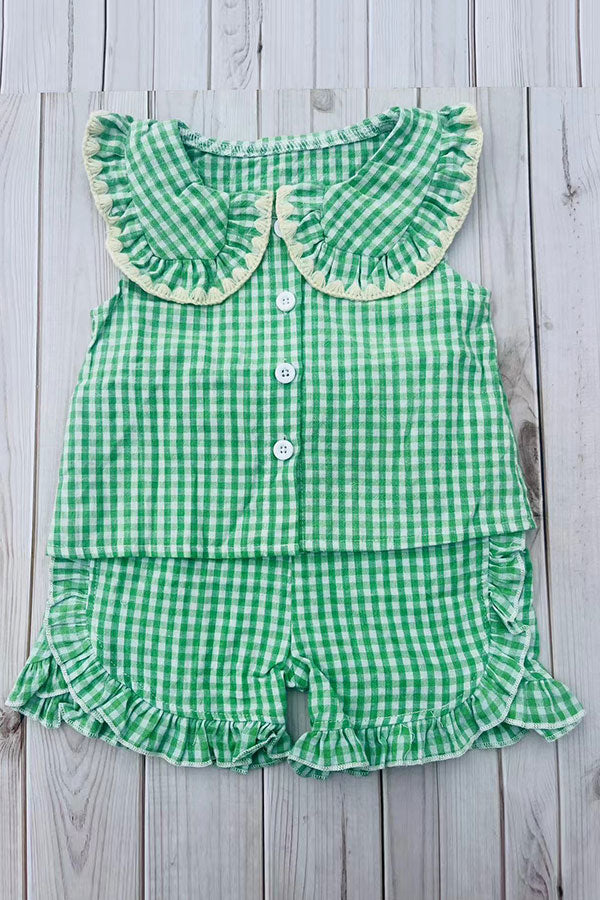 Chic green plaid top & ruffle shorts girls boutique set 2601068M