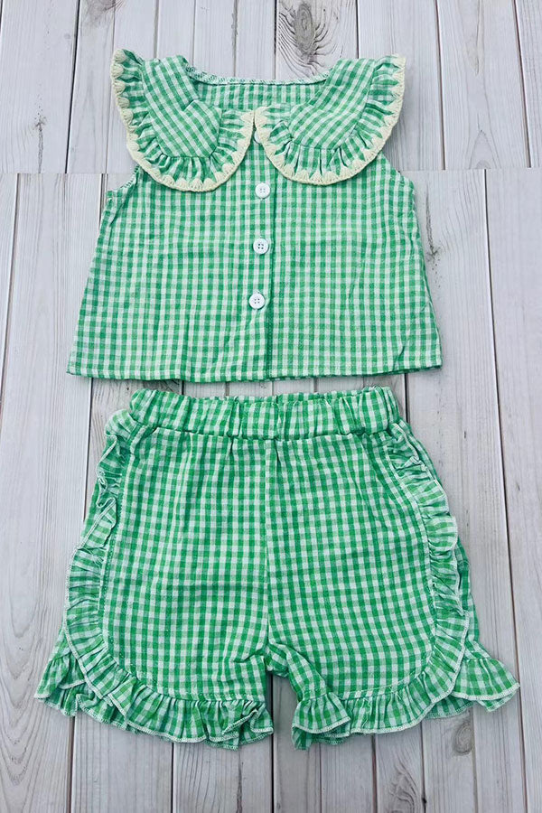 Chic green plaid top & ruffle shorts girls boutique set 2601068M