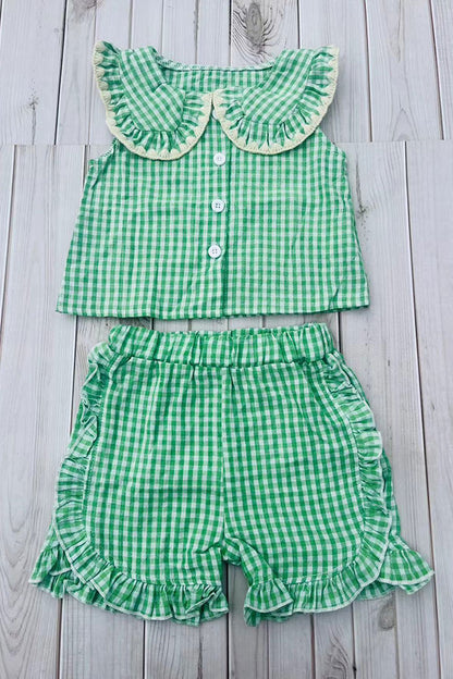 Chic green plaid top & ruffle shorts girls boutique set 2601068M