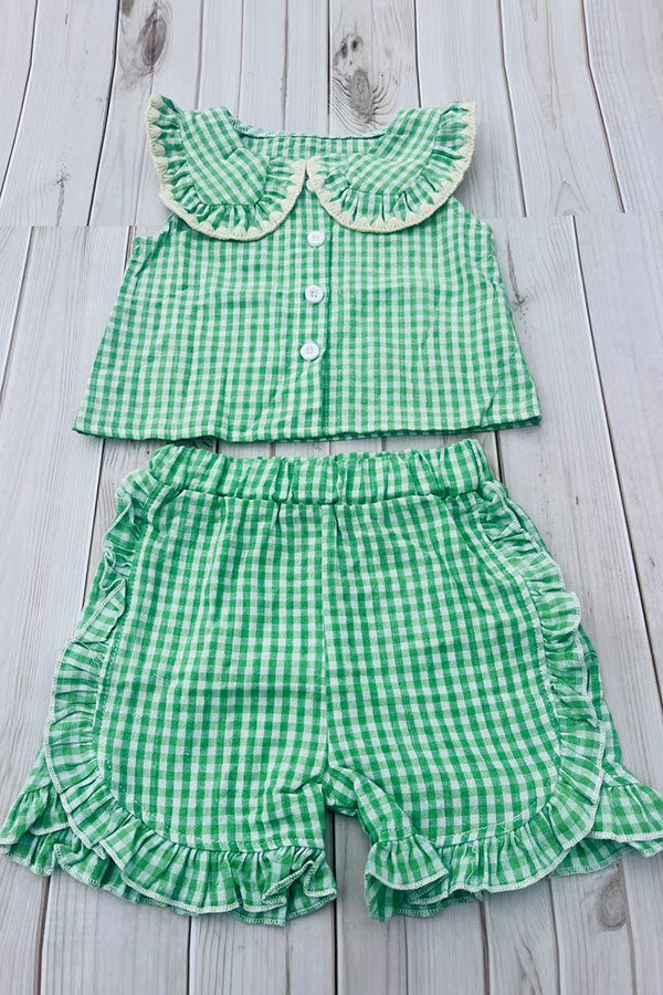 Chic green plaid top & ruffle shorts girls boutique set 2601068M