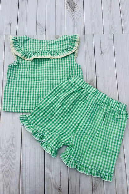 Chic green plaid top & ruffle shorts girls boutique set 2601068M