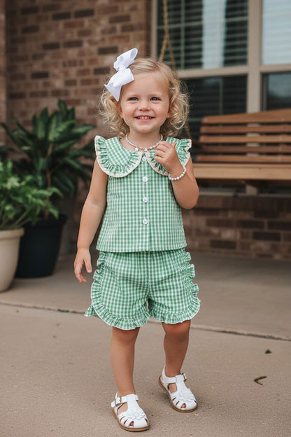 Chic green plaid top & ruffle shorts girls boutique set 2601068M