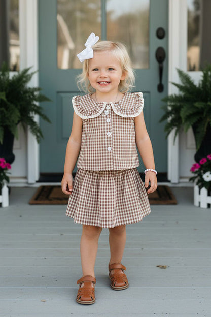 Trendy brown plaid top & skirt girls boutique set 2601067M