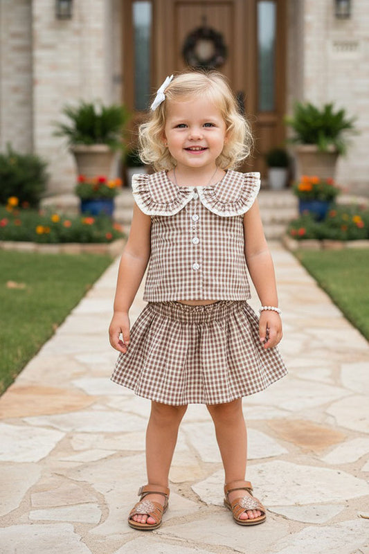 Trendy brown plaid top & skirt girls boutique set 2601068M
