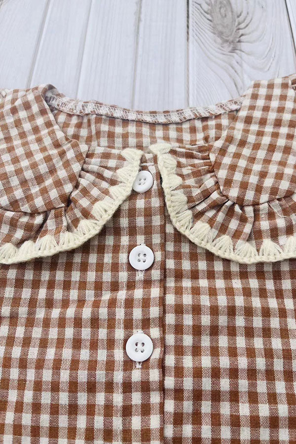 Trendy brown plaid top & skirt girls boutique set 2601067M