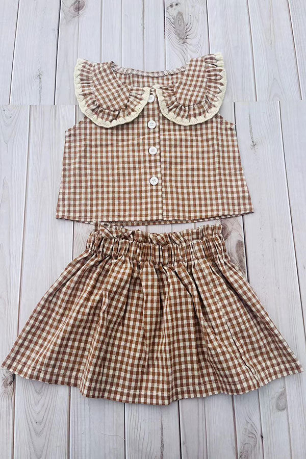 Trendy brown plaid top & skirt girls boutique set 2601067M
